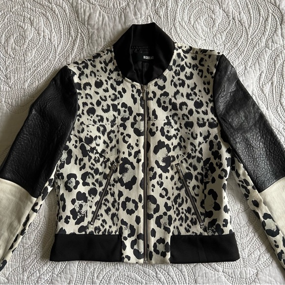 Nicholas - Leopard Print Leather Combo Bomber Jacket - Picture 6 of 16